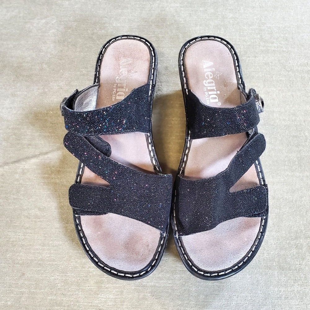 Alegria by PG Lite Black Shimmer Leather Wedge Slide Sandals Women‎ 39 EU